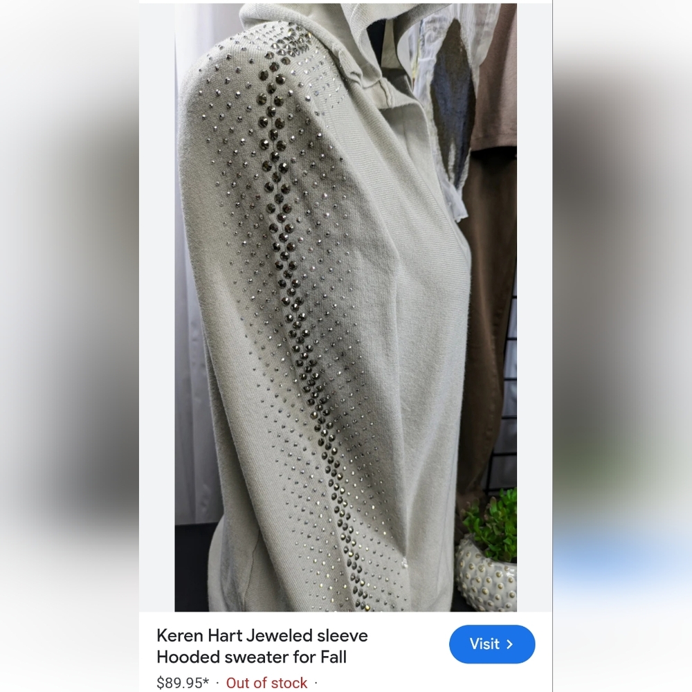 NWT Keren Hart Jeweled Sleeve Hooded Sweater size S Mocha Tan S-2390 - Picture 7 of 16